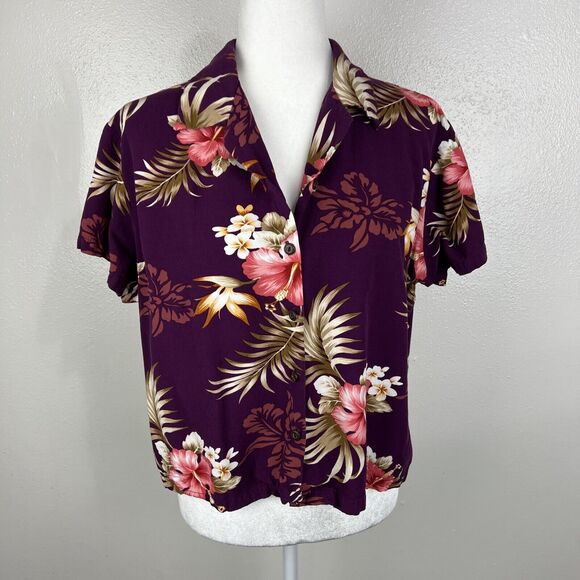 Two Palms Hawaiian Shirt Women Extra Large Purple Tropical Sonic Orchid Cropped - Picture 12 of 12
